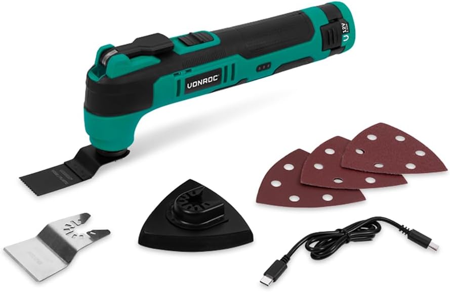 Kabelloses Multitool 12 V – mit Schabblatt, Tauchsäge, Schleifpad und Schleifpapier – Akku und USB-K