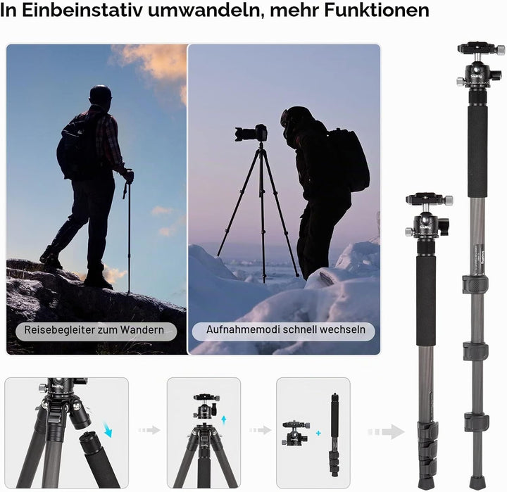 SMALLRIG Leichtes, kompaktes Kohlefaser-Stativ mit abnehmbarem Einbeinstativ, 360°-Kugelkopf mit Sch