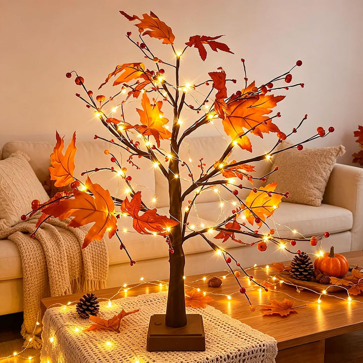 Herbstdeko Ahornblatt Baum Lichter, 61cm Herbst Dekoration Lichterbaum Für Innen mit Timer, Herbst D