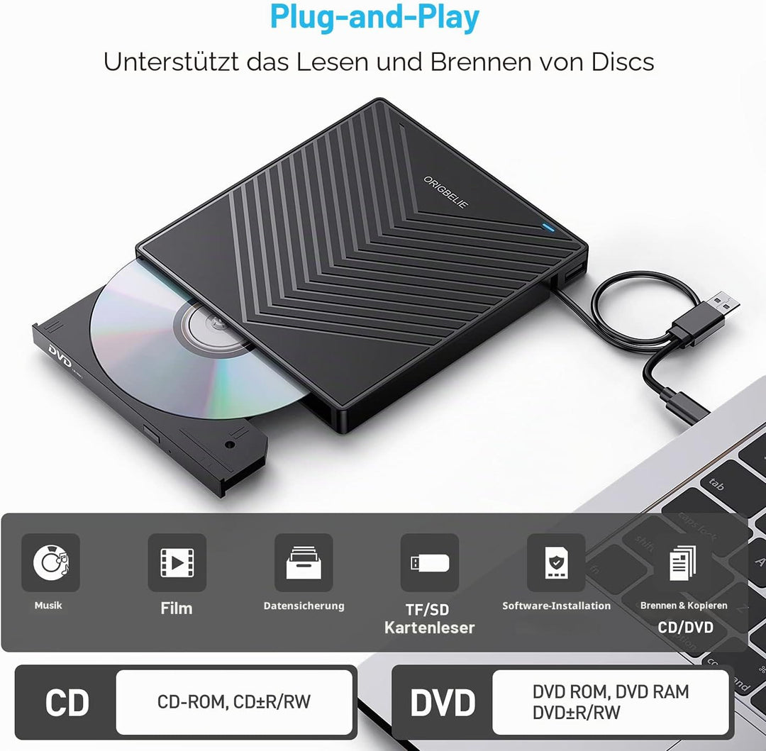 ORIGBELIE Externes DVD Laufwerk, ultraflacher CD-Brenner USB 3.0 mit 4 USB-Anschlüssen und 2 TF/SD-K