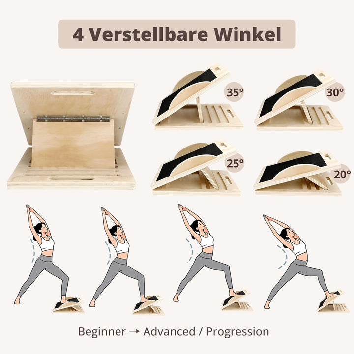 Schrägbrett Holz – Verstellbares Balance Board mit 5 Winkeln (0°–45°) | Waden-Dehner & Stretch Board