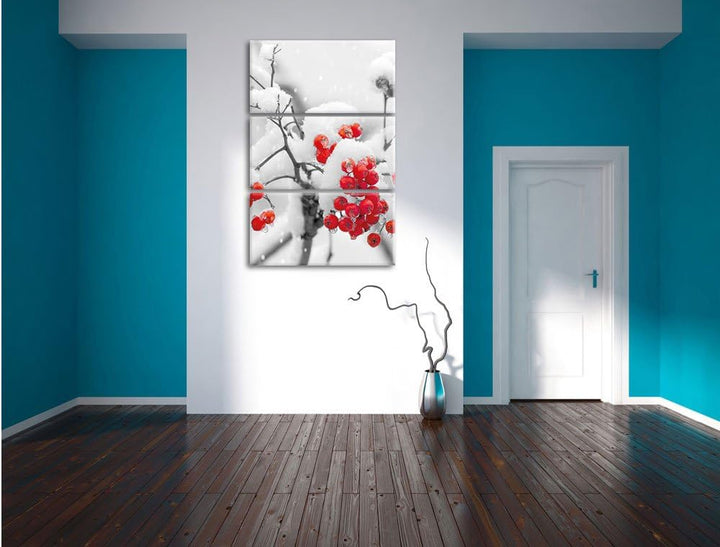 Pixxprint Rote Vogelbeeren im Winter 3-Teiler Leinwandbild 120x80 Bild auf Leinwand