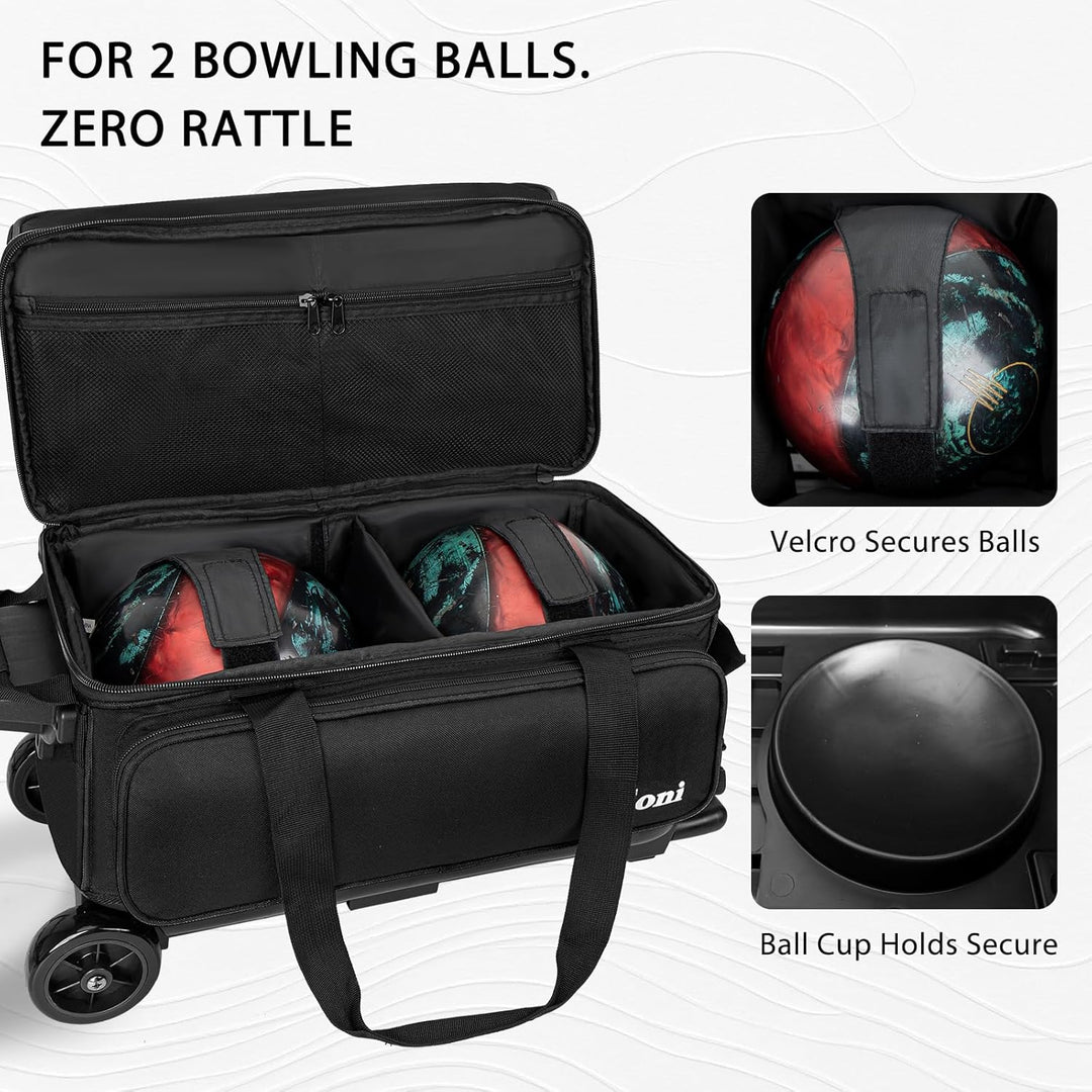 Goloni Bowling Roller Taschen,Bowling Ball Tasche,zwei Ball Bowling Tasche mit Rädern Schwarz, Schwa