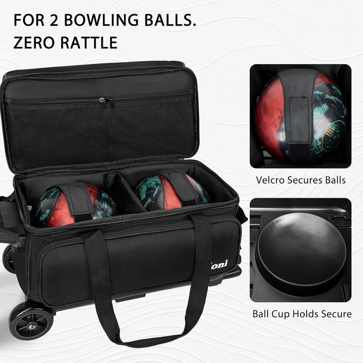 Goloni Bowling Roller Taschen,Bowling Ball Tasche,zwei Ball Bowling Tasche mit Rädern Schwarz, Schwa