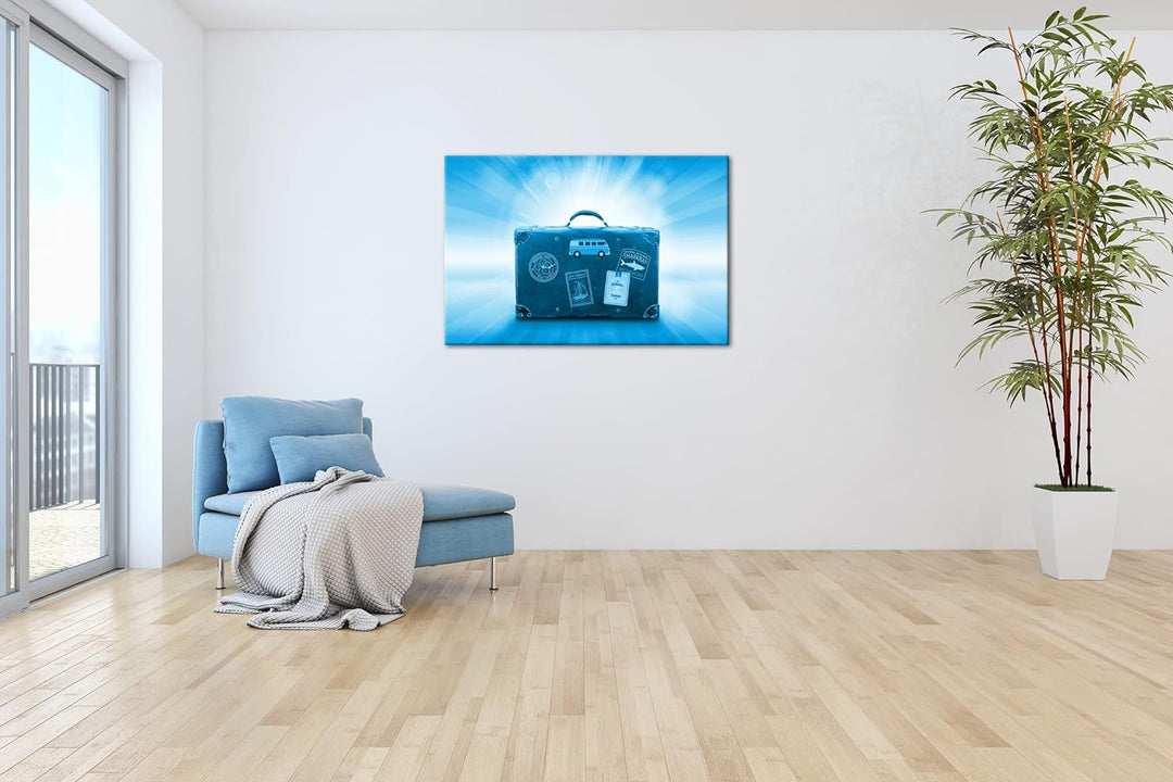 deyoli Reisekoffer aus Leder Format 80x60 Effekt: Monocrome Blau als Leinwandbild, Motiv fertig gera