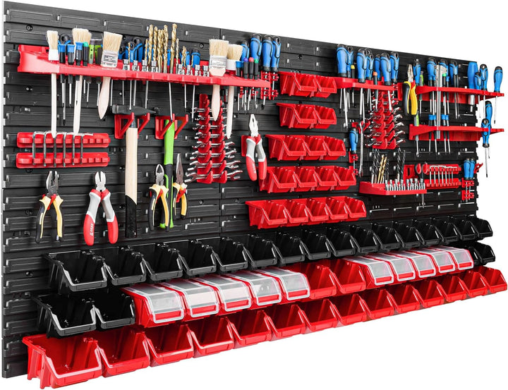 Lagersystem Werkstattregal | 172 x 78 cm | 62 stck. Box | Wandregal mit Werkzeughalterungen und Stap