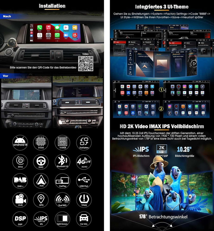 Erisin 10.25" Qualcomm Android 14 8-Kern 4GB+64GB Autoradio GPS Navi für BMW 5er F10/F11 NBT Unterst