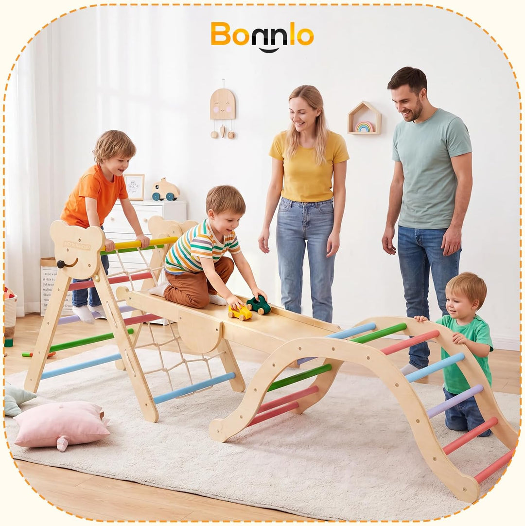 Bonnlo 9-in-1 Montessori Klettergerüst Indoor ab 1 Jahr, Kletterdreieck mit Rutsche, Kinderkletterge