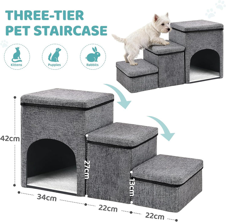 Hundetreppe für Kleine Hunde 3 Stufen - Haustiertreppe mit Stauraum - Breite Dog Stairs Faltbare mit