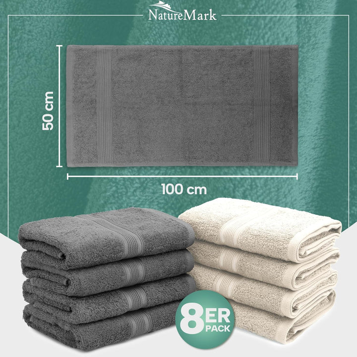 NatureMark 8er Pack Handtücher, 100% Baumwolle, 50 x 100 cm, Handtuch Set Anthrazit/Crème, Anthrazit