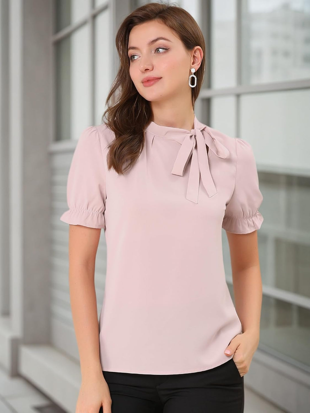 Allegra K Damen Elegant Bluse Kurzarm Panel Fliege Hals Rüschen Einfarbig Top XS Rosa, XS Rosa