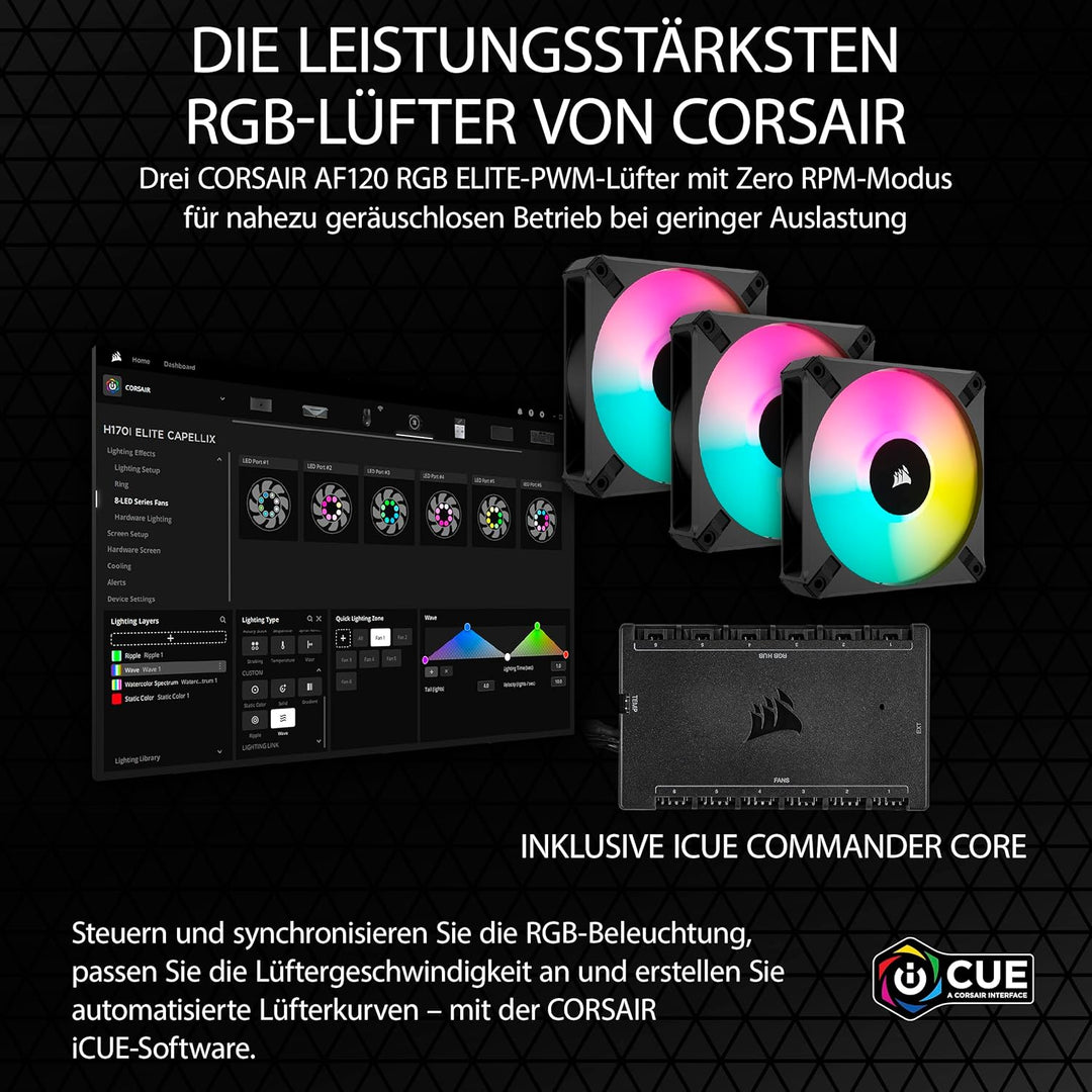 Corsair iCUE H150i ELITE CAPELLIX XT Liquid CPU Cooler - Drei AF120 RGB Lüfter - 360mm Radiator - In