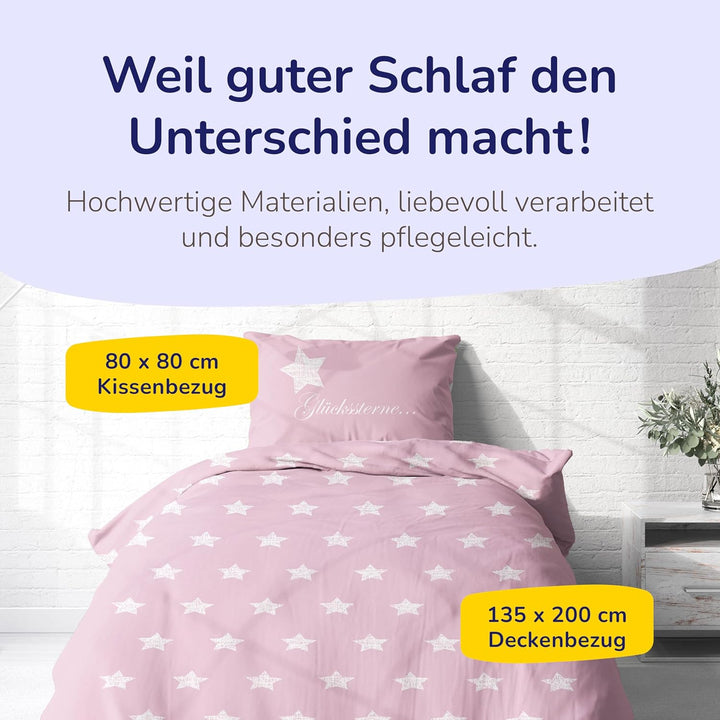 Dobnig Bettwäsche 135 x 200 Rosa Sterne - Baumwoll Bettwäsche Grau mit Sternen - Winter Bettwäsche S