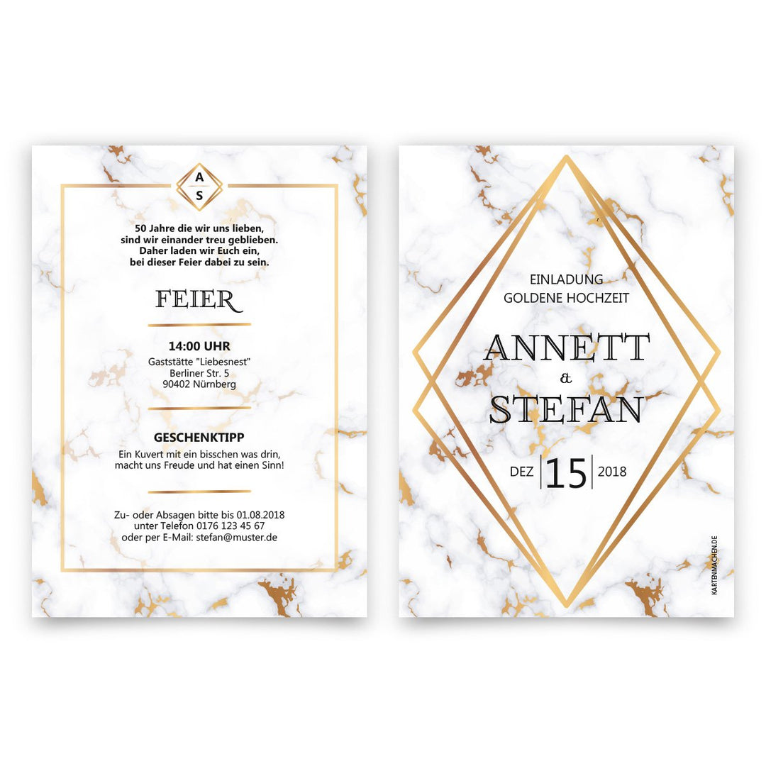 10 x Hochzeitseinladungen Goldhochzeit goldene Hochzeit Einladung individuell - Marmor 10 Stück Gold