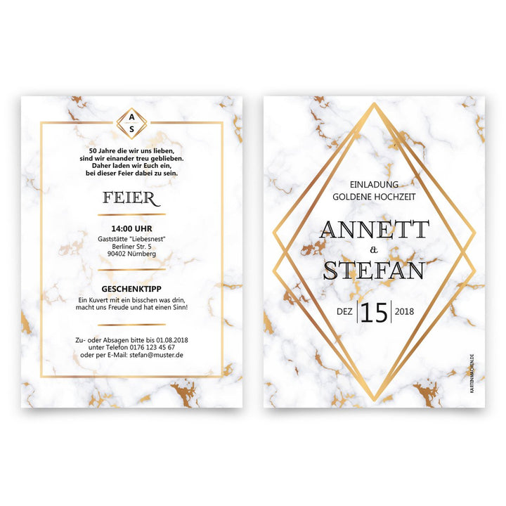 10 x Hochzeitseinladungen Goldhochzeit goldene Hochzeit Einladung individuell - Marmor 10 Stück Gold
