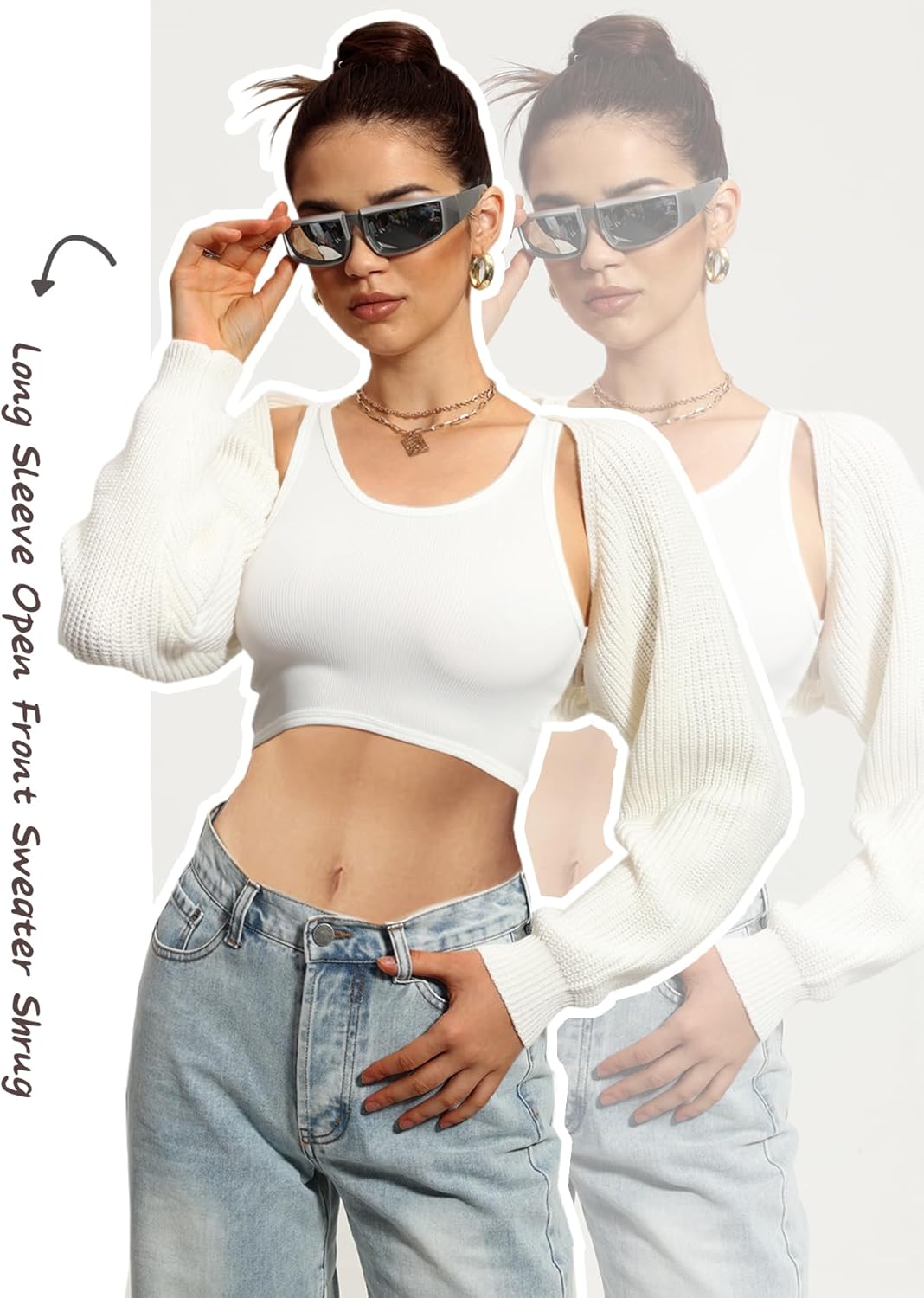 Navneet Bolero Damen Boleros Kurz Oversize Strickpullover Y2K Crop Top Shrug Winter Strickjacke Card