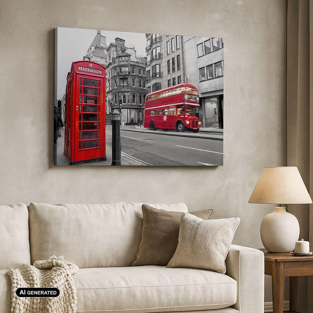 Bilder auf Leinwand 100x70cm Leinwandbild mit Rahmen Bus Telefon Strasse Gross Wanddeko Bild Schlafz