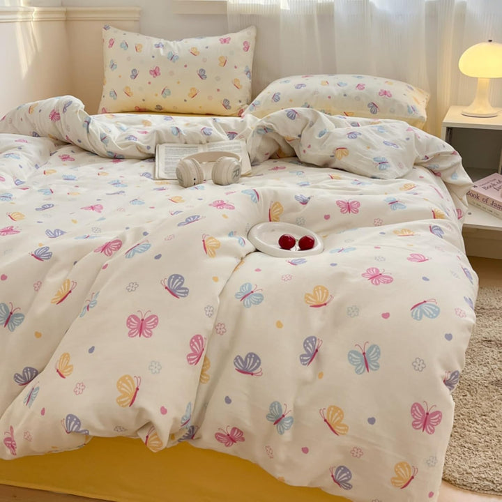 Freyamy Kinder Bettwäsche 100x135cm 2teilig Beige Bunt Schmetterling Mädchen Bettwaren-Sets Schmette
