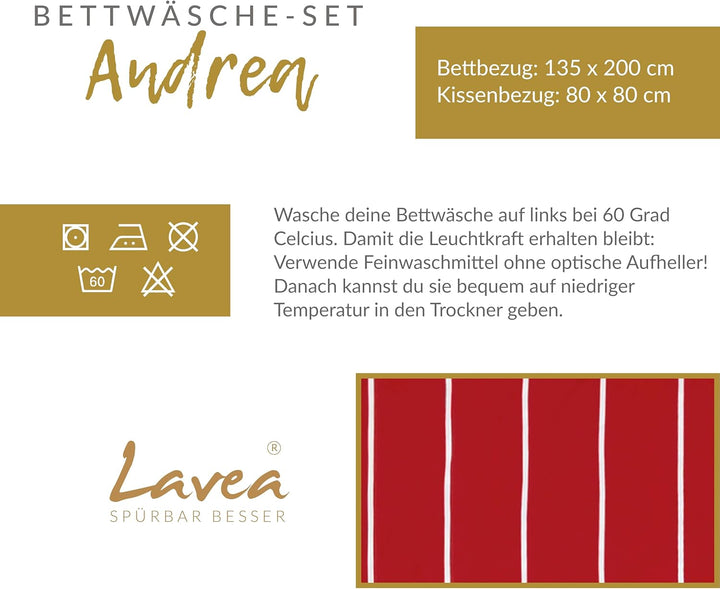 Lavea Bettwäsche Set - Andrea 135 x 200cm + 80 x 80cm. Design: Feine Streifen - Farbe: Rot 100% Baum