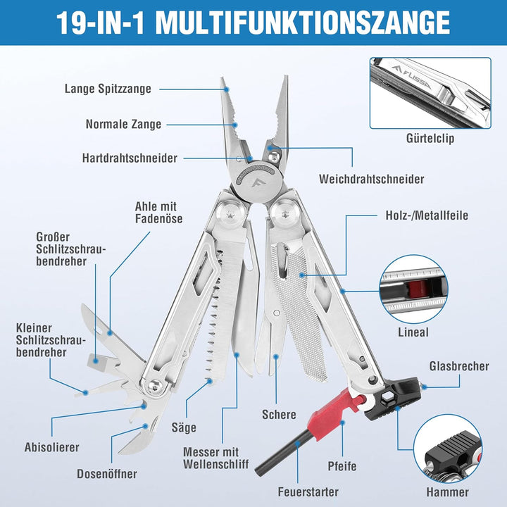 FLISSA Multifunktionszange 19-in-1, Multitool mit Glasbrecher und Feuerstarter, faltbares Multifunkt