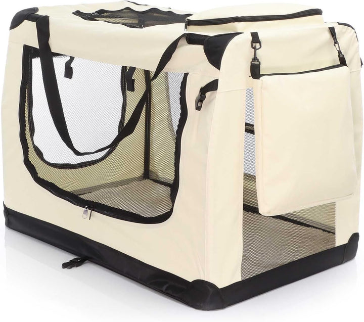 Fudajo Faltbare Transportbox in Beige für Haustiere, Grösse XXL (90x63x63cm), Tragegriff, Liegedecke