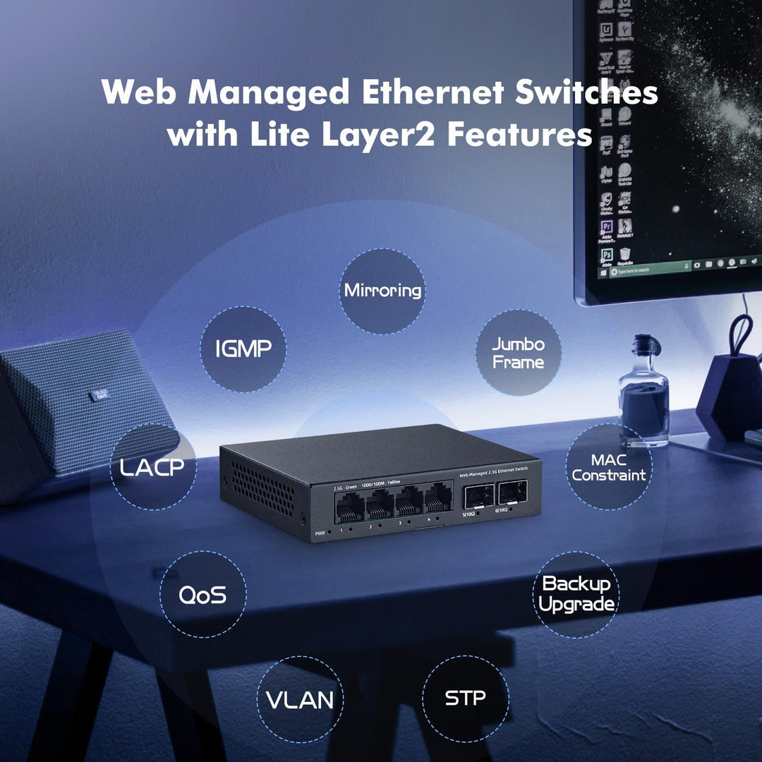 YuLinca 6 Port 2.5G Easy Web Managed Switch, 4 x 2.5Gbps Base-T Ports und 2 x 10G SFP+ Slot, unterst