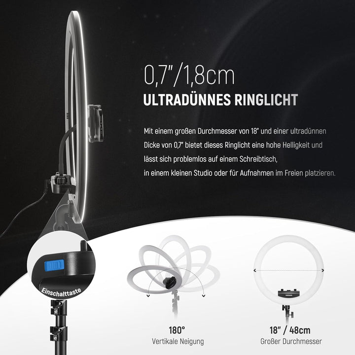 NEEWER Professionelles Ringlicht mit Ständer und Telefonhalter, 18" dünn, 45W 2900K-7000K TLCI98, Fe