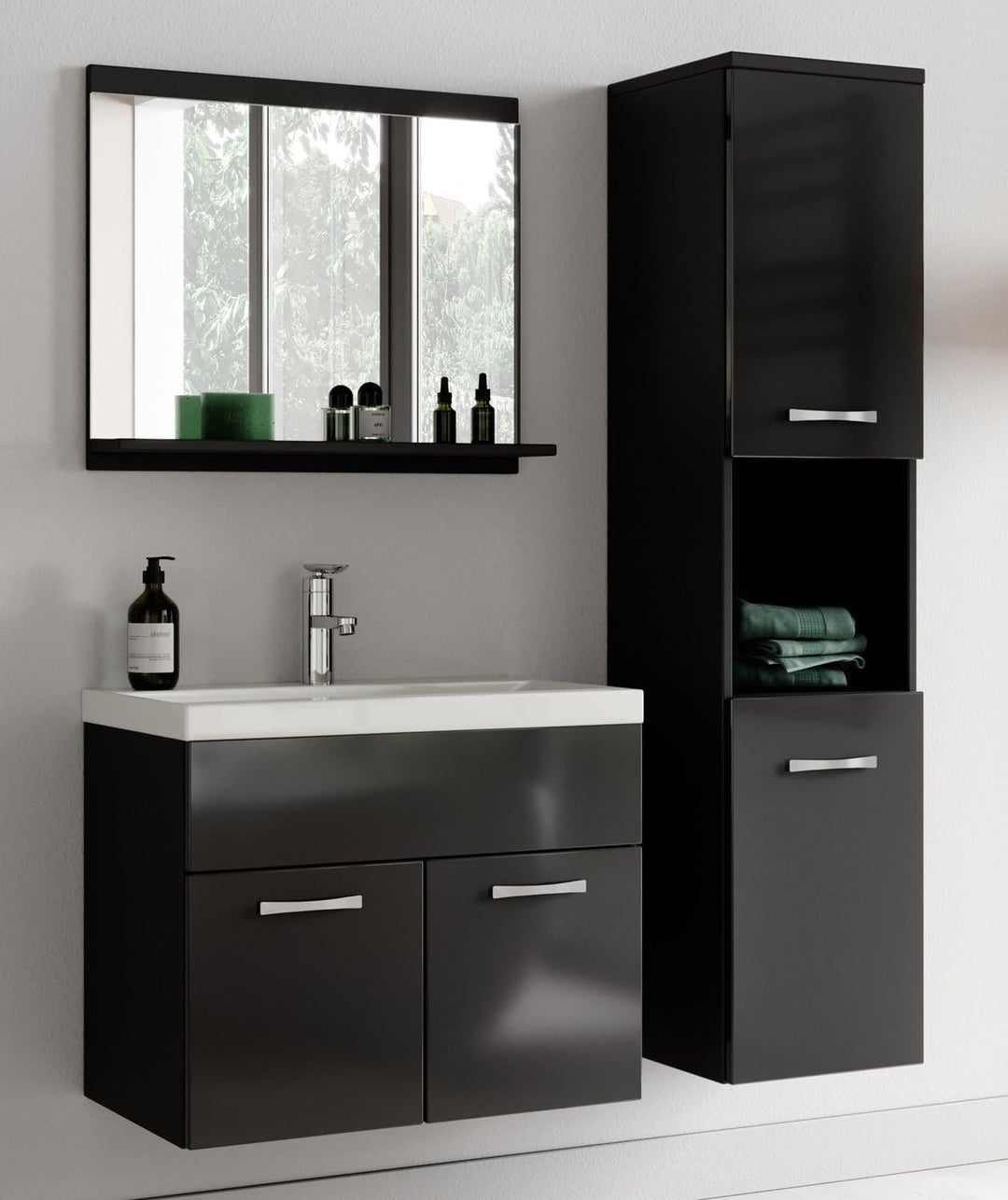Badplaats B.V. Badezimmer Badmöbel Set Montreal 02 60cm Waschbecken Hochglanz Schwarz Fronten - Unte