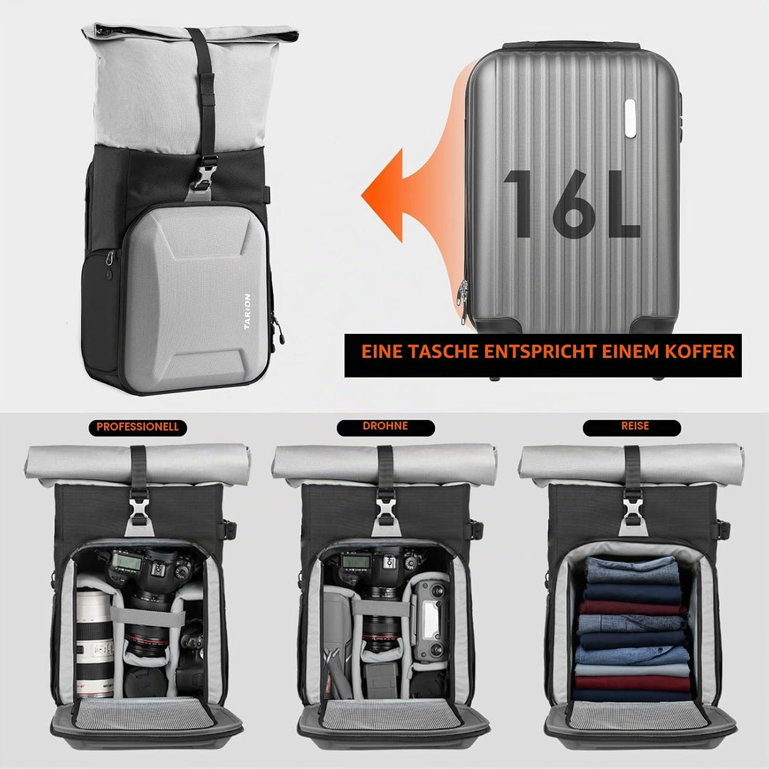 TARION Kamerarucksack Rolltop Fotorucksack mit Hartschale: Professionelle Kameratasche Spiegelreflex