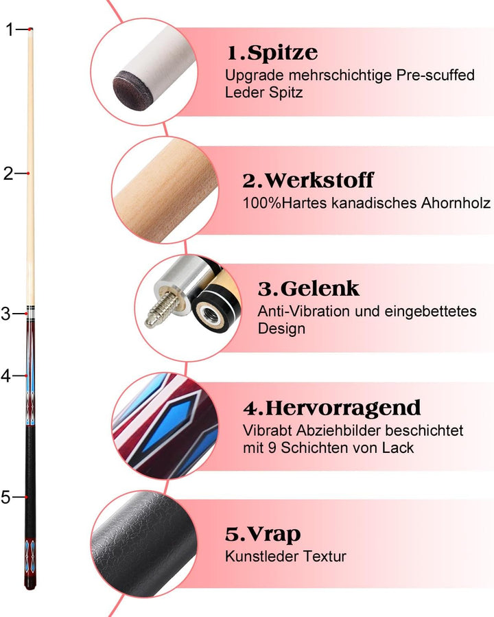 Billard Queue Satz 2 Pool Queues, Pool 58" Queue Stöcke,Billardqueue Pool Cues für Billard Enthusias