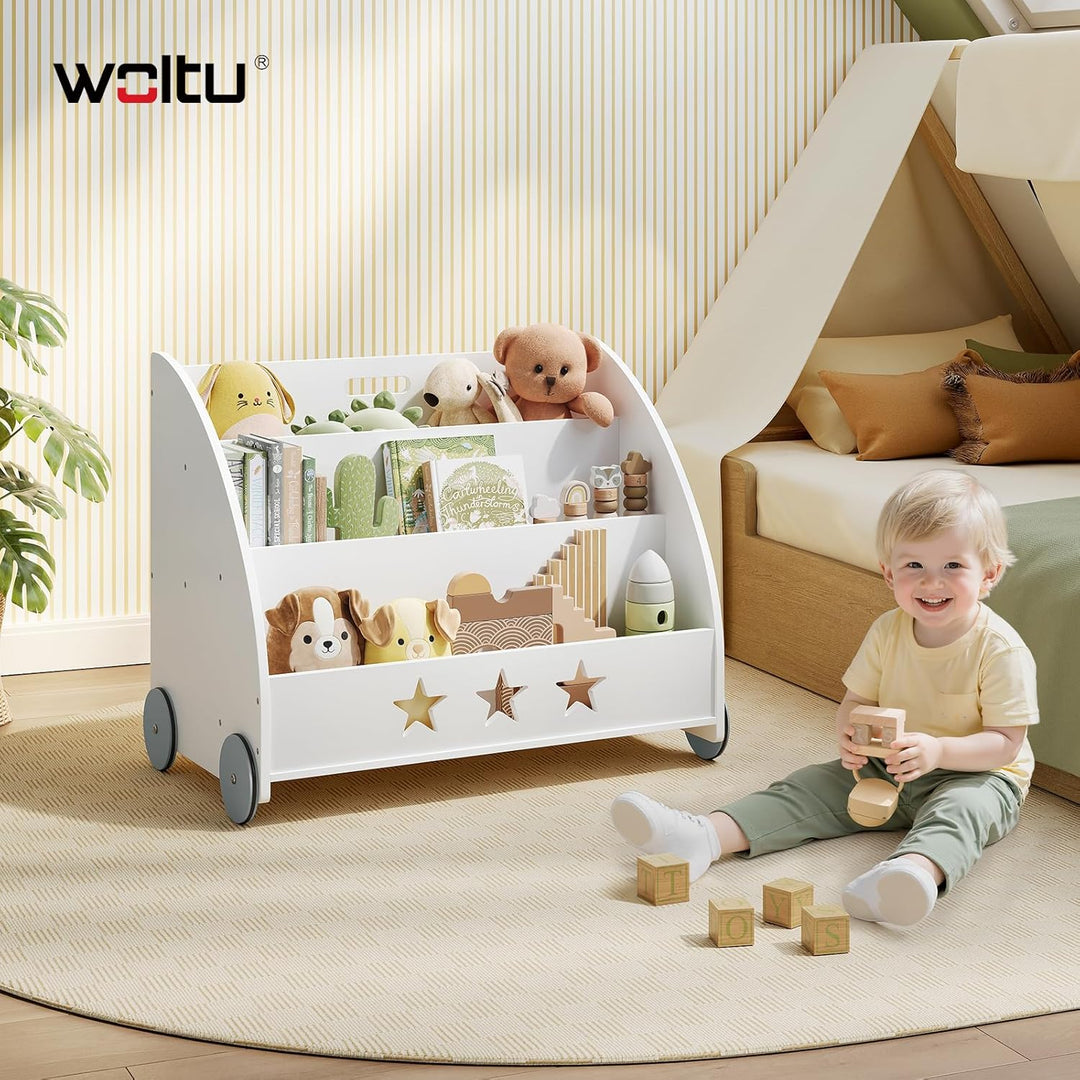 WOLTU KR002 Kinderregal Bücherregal für Kinder, Spielzeugregal mit Räder 3 Regale , Holz Standregal