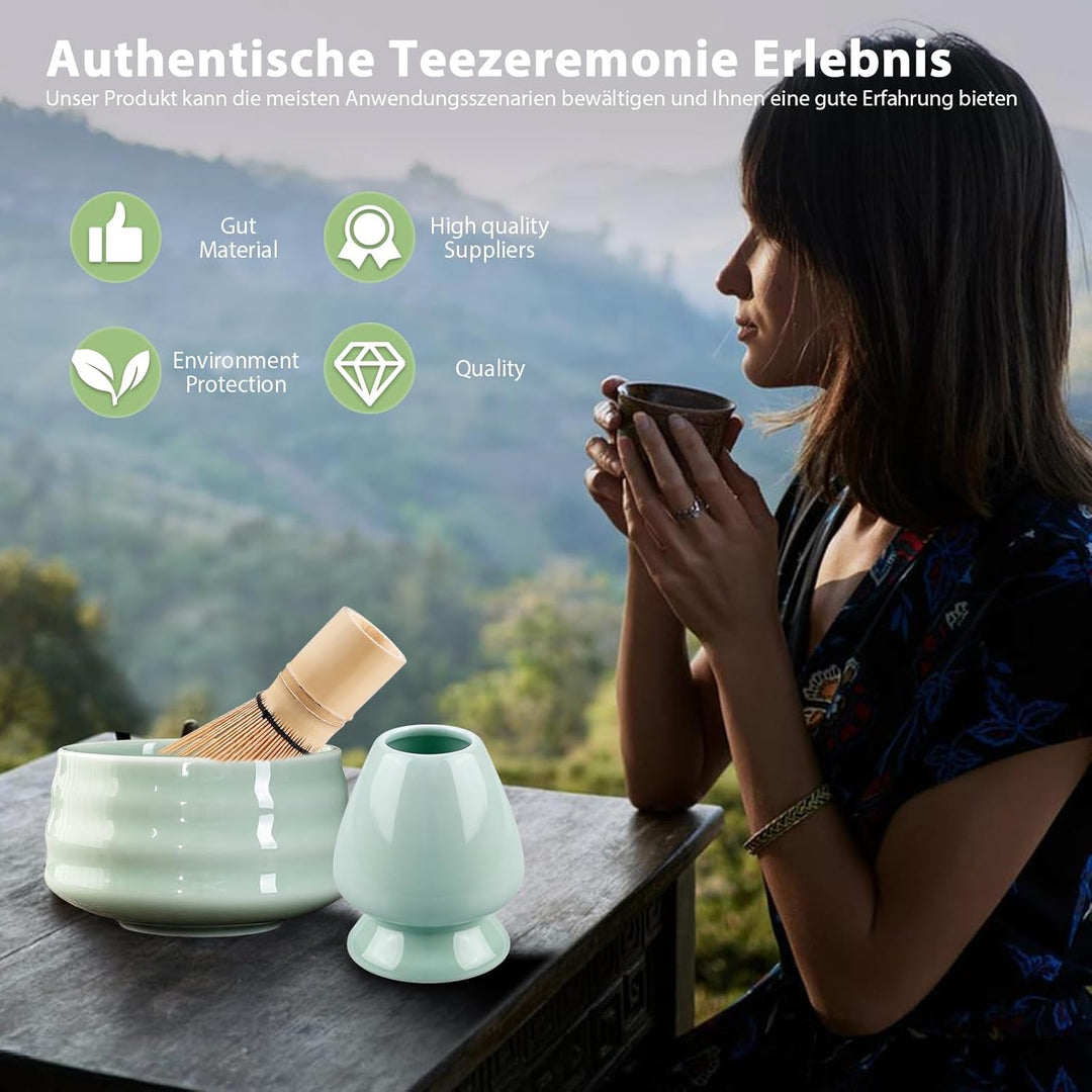 Matcha Tee Set, Matcha Besen Set mit Matcha-Schneebesen, Besenhalter, Matcha Schale aus Keramik, 2 T