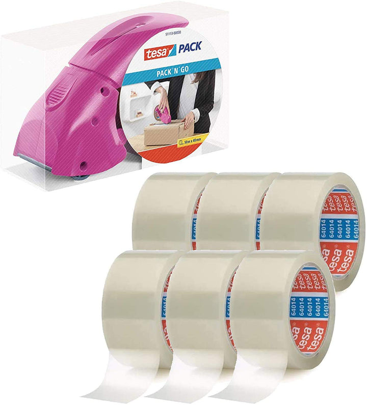 tesapack Abroller Pack' n' Go - Ergonomischer, pinker Handabroller für Paketbänder - Inklusive 50 m