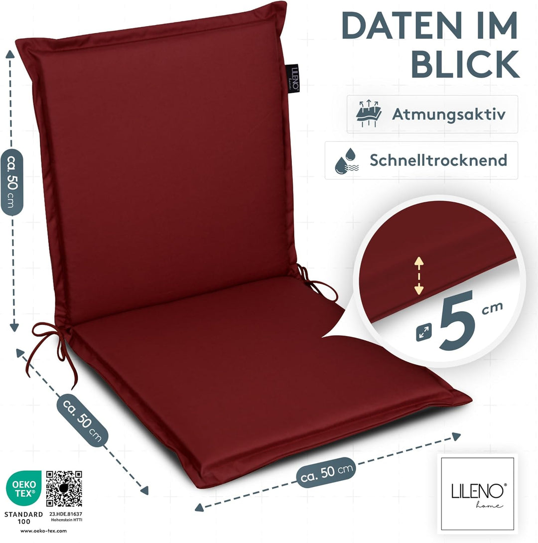 LILENO HOME Gartenstuhl Auflagen [2er Set - Niedriglehner] in Rot - Bequeme Liegen als Sitzauflagen
