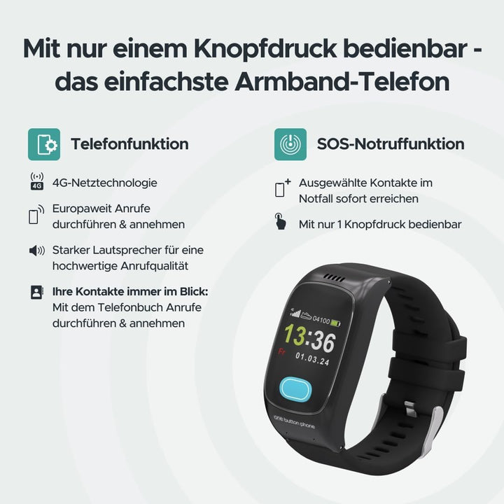 one button phone - Notfall- und Sicherheitsuhr für Senioren mit Notrufknopf und SOS-Funktion, Sturze