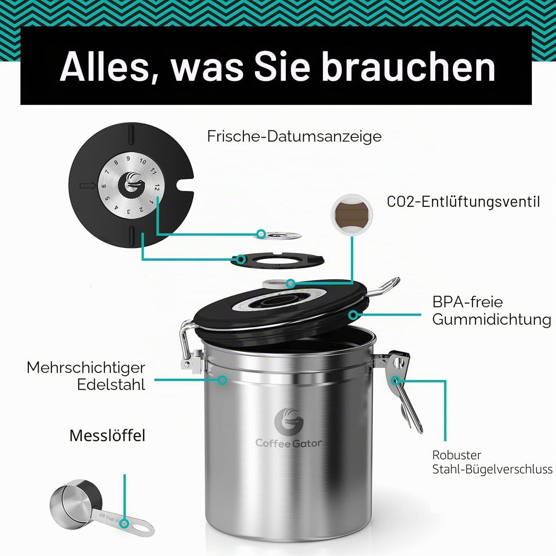Coffee Gator Kaffeedose Luftdicht (Mittel 1,3 L) - Kaffeebohnen Behälter aus Edelstahl mit CO2-Venti