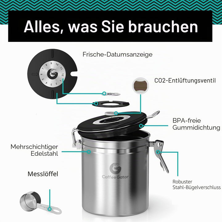 Coffee Gator Kaffeedose Luftdicht (Mittel 1,3 L) - Kaffeebohnen Behälter aus Edelstahl mit CO2-Venti