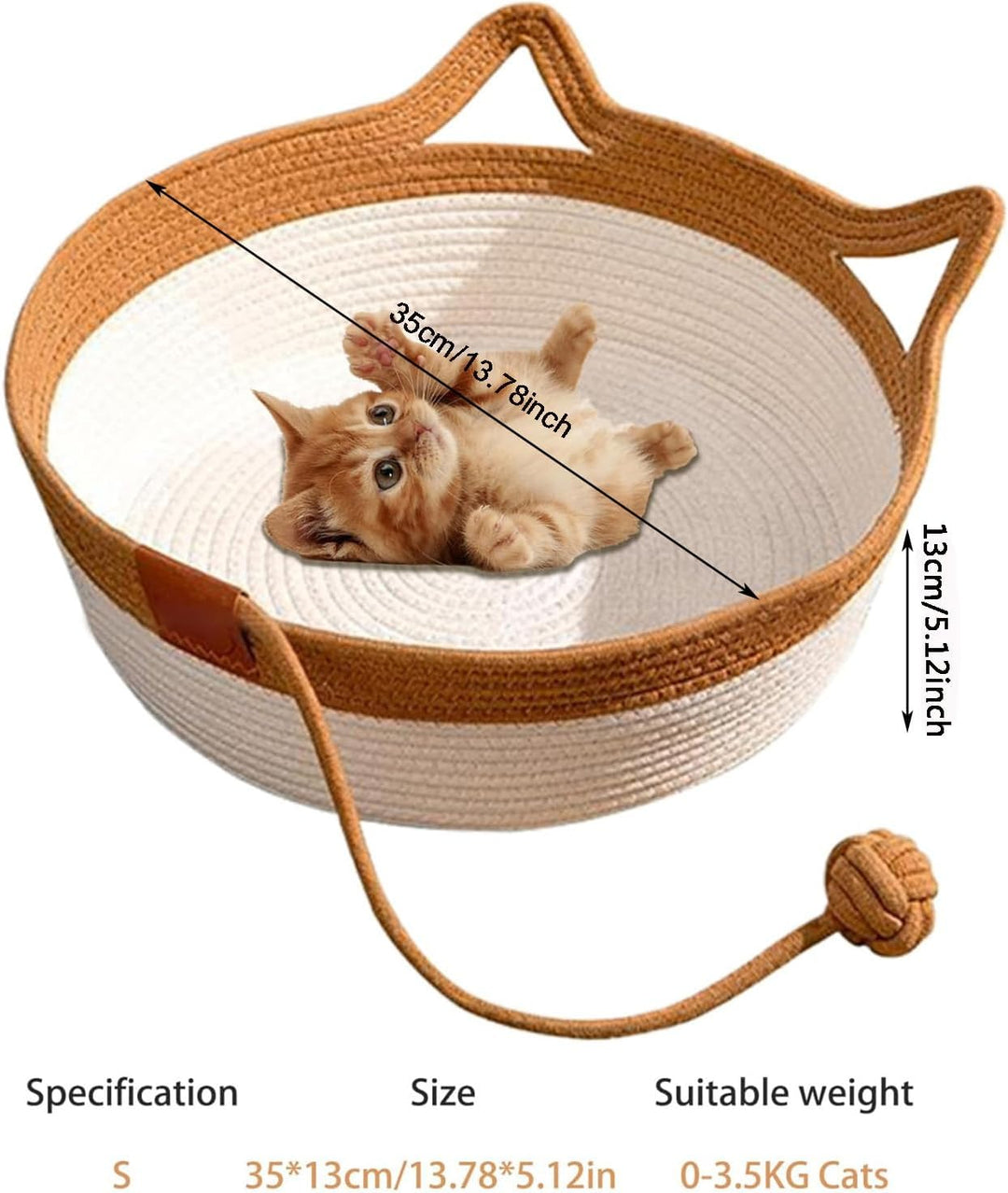 MEISO Katzenbett aus Baumwolle, handgewebt, Korb mit Spielzeugschwanz, faltbar und atmungsaktiv (S),