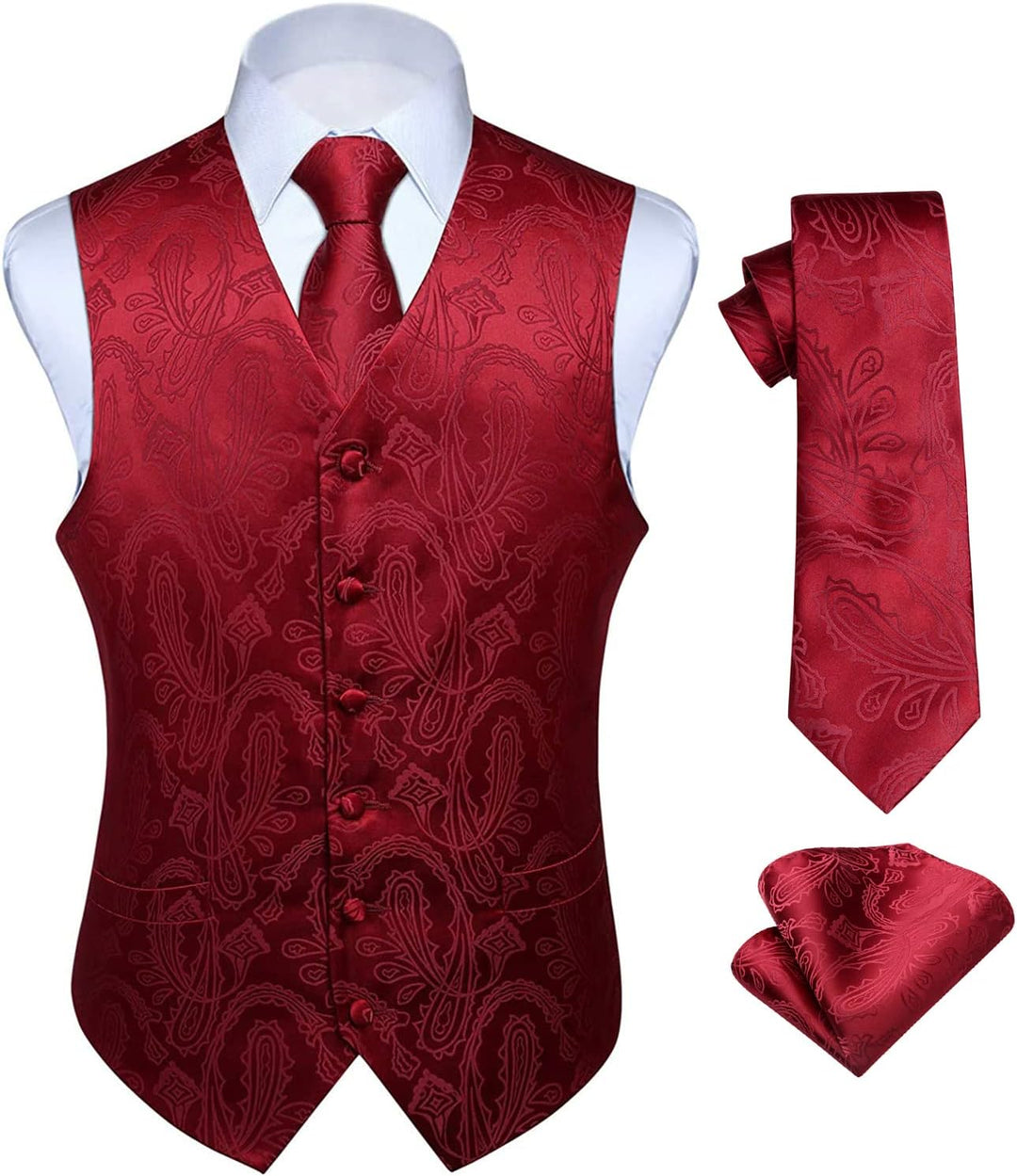 HISDERN Herren FLoral Hochzeit Weste Krawatte Einstecktuch Taschentuch Jacquard Weste Anzug Set S Bu