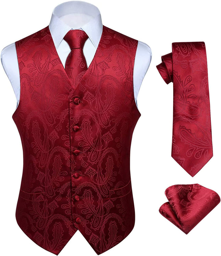 HISDERN Herren FLoral Hochzeit Weste Krawatte Einstecktuch Taschentuch Jacquard Weste Anzug Set S Bu