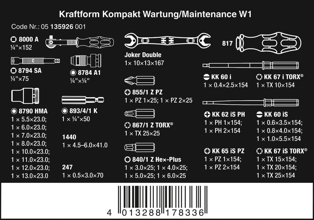 Wera 05135926001 KK W 1 Kraftform Kompakt W1 Wartung, 1/4" x 10 mm, Werkzeug-Set, 35-teilig Schwarz
