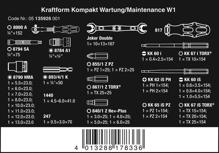Wera 05135926001 KK W 1 Kraftform Kompakt W1 Wartung, 1/4" x 10 mm, Werkzeug-Set, 35-teilig Schwarz
