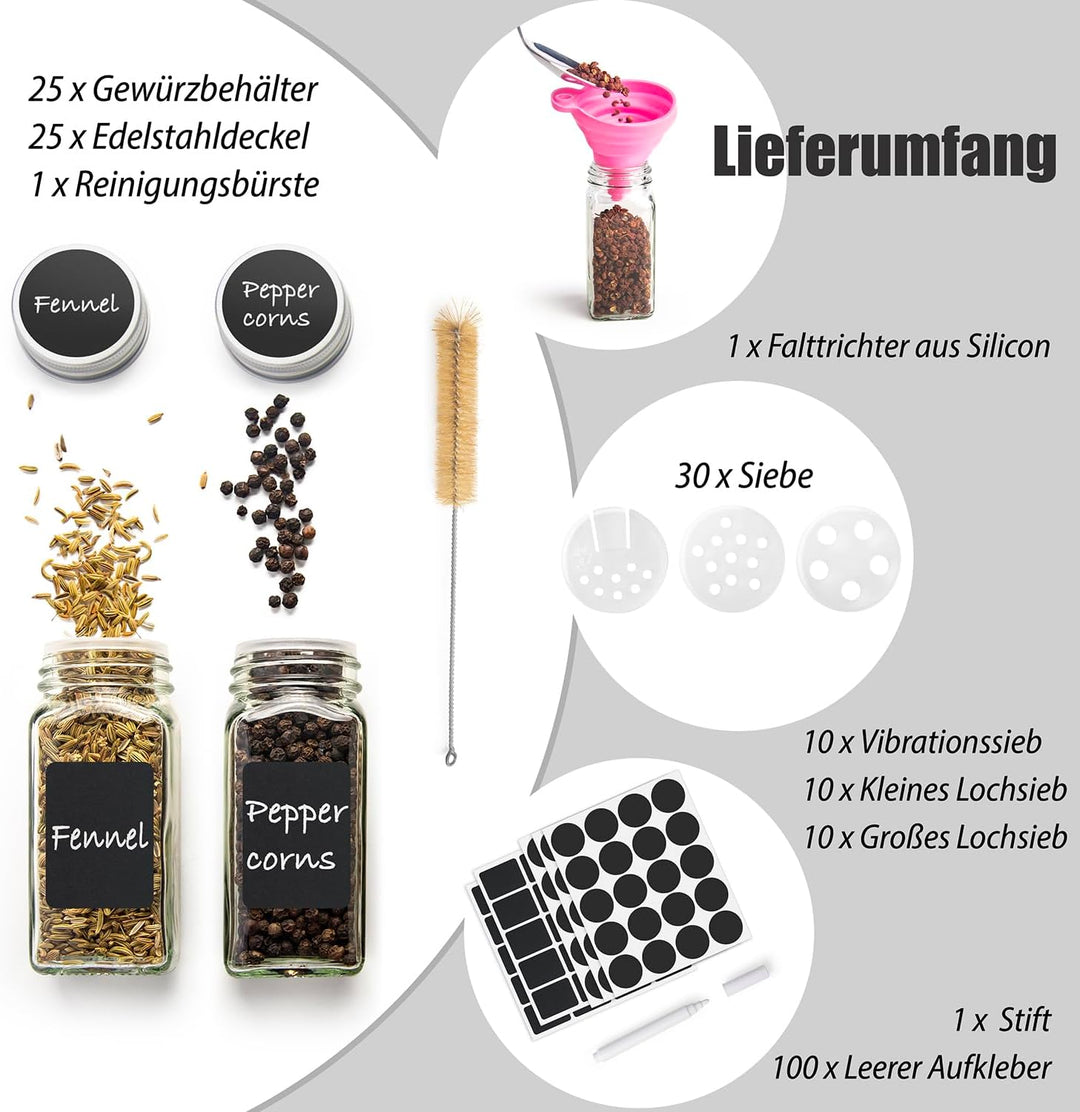 ZEBEN® Gewürzgläser eckig Set [25 Stk 120ml] Gewürzdosen Set Glas Gewurzglaserset Gewürzbehälter mit