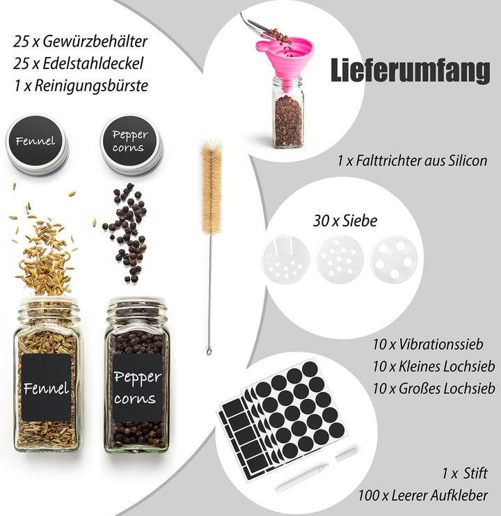 ZEBEN® Gewürzgläser eckig Set [25 Stk 120ml] Gewürzdosen Set Glas Gewurzglaserset Gewürzbehälter mit