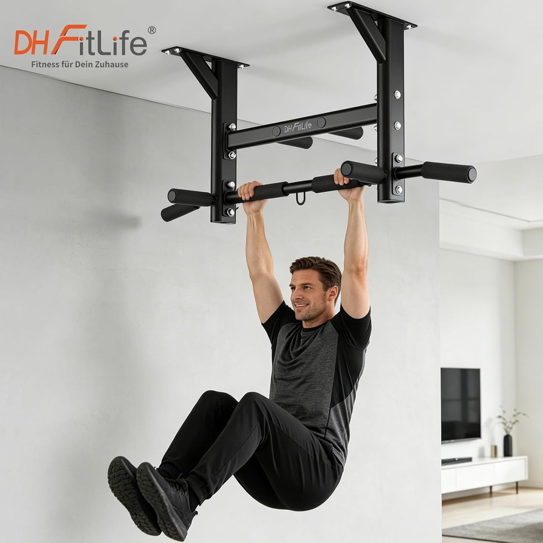 DH FitLife Klimmzugstange Deckenmontage 4in1 bis 200kg, Multifunktionale Pull Up Bar für Zuhause, 8