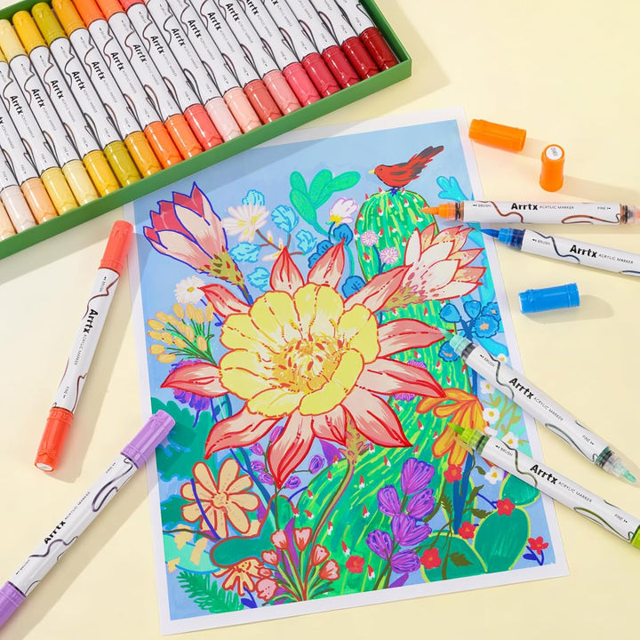 Arrtx Acrylstifte für Steine Wasserfest-66 Farben Stifte Steine Bemalen, Doppelspitzenmarker(Pinsels