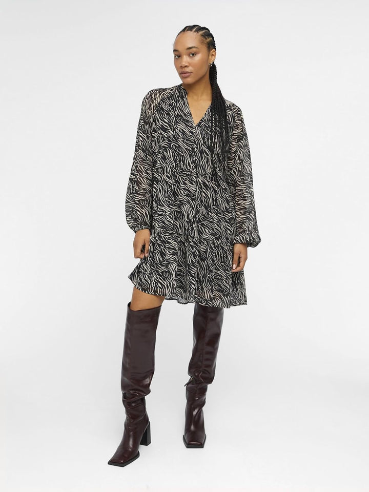 Object Mila Gia Long Sleeve Smock Dress 34 Black/Aop:sandshell Zebra, 34 Black/Aop:sandshell Zebra