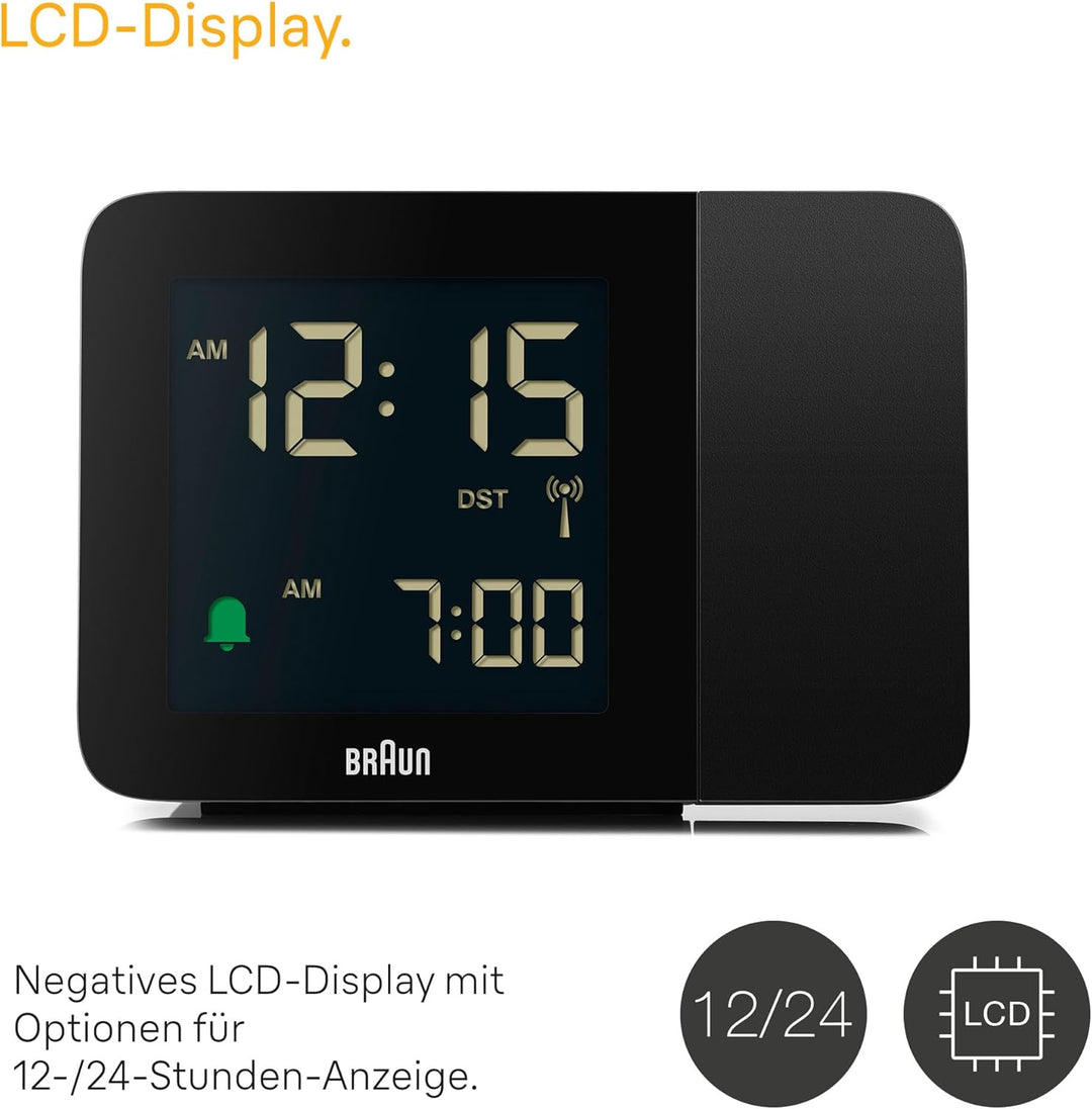Braun Digitaler Funk-Projektionswecker für die mitteleuropäische Zeitzone (DCF) mit negativem LCD-Di