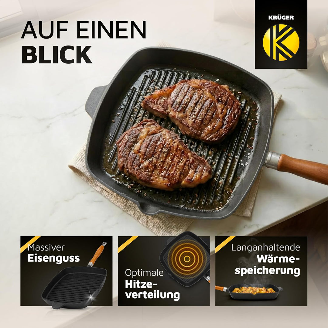 KRÜGER Gusseisen-Grillpfanne mit Holzgriff - 28 x 28 cm - emailliert - hohe Hitzebeständigkeit und l