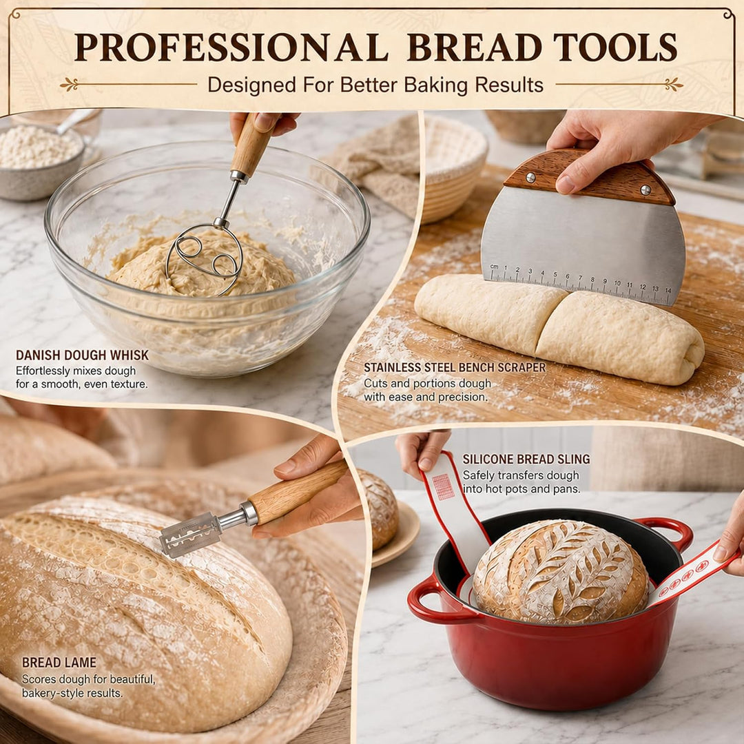 Sauerteig Starter Set 14-teilig, Gärkörbchen 23cm Rund &amp; 25cm Oval | Brot Backen Zubehör mit Gärkörb